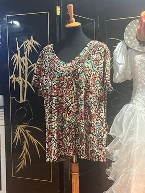 Dana Buchman Brown Multicolor Floral V-Neck Short Sleeve Top RE